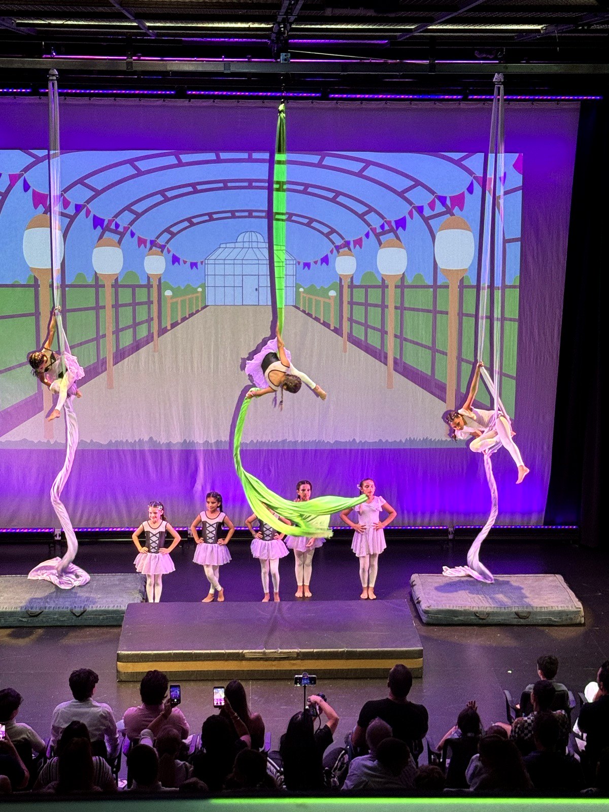 Students on stage with aerial silks