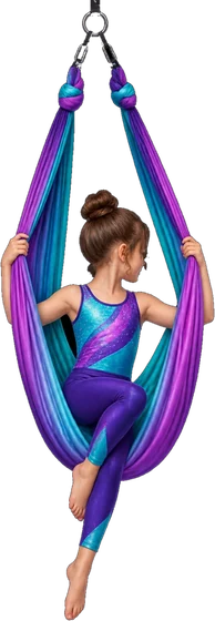 Young aerialist seated in an aerial silks hammock